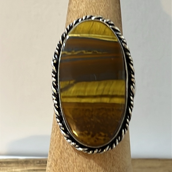 Tigers Eye Size 7.5 Stamped 925 Silver Overlay Gemstone Ring - Picture 4 of 8